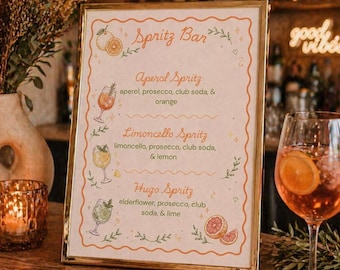 Sjabloon menubord Spritz Bar, Aperol Spritz-menu, cocktailmenu bruiloft, afdrukbaar barbord, bewerkbare canva-sjabloon, digitale download
