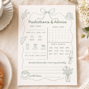 Könnte beinhalten: Eine weiße Papierkarte mit schwarzen Strichzeichnungen für ein Babyparty-Spiel mit dem Titel Predictions & Advice. Das Layout enthält Abschnitte für den Babynamen, Geburtsdatum, Geburtsmonat, körperliche Merkmale, Zeit, Gewicht, Länge und Ratschläge.