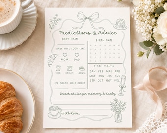 Gra z przewidywaniami na baby shower, karta na brunch dla niemowląt, karta z przewidywaniami i poradami, zielona kokardka z motywem szałwii na baby shower, edytowalny szablon Canva