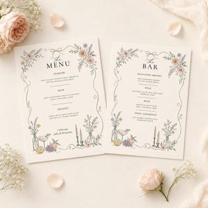 Floral Wedding Menu and Bar Menu Bundle, Editable Canva 5x7 Dinner Menu & Drink Menu Template, Boho Garden Wedding