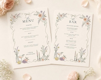 Pacote de cardápio floral para casamento e bar, modelo editável em Canva 5x7 para jantar e bebidas, casamento boho no jardim.