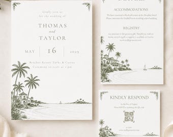 Destination Wedding Invitation Suite, Beach Wedding Invite Template, Tropical Coastal Canva Wedding Invite, Details RSVP Card