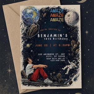May include: A space-themed birthday invitation. The design includes illustrations of Earth, the moon, and an astronaut. The text reads "AMAZE" and "BENJAMIN'S 13th Birthday", along with event details. The invitation is set against a textured backdrop.
