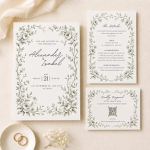 Botanical Floral Wedding Invitation Suite, Canva Template with RSVP & Details Cards