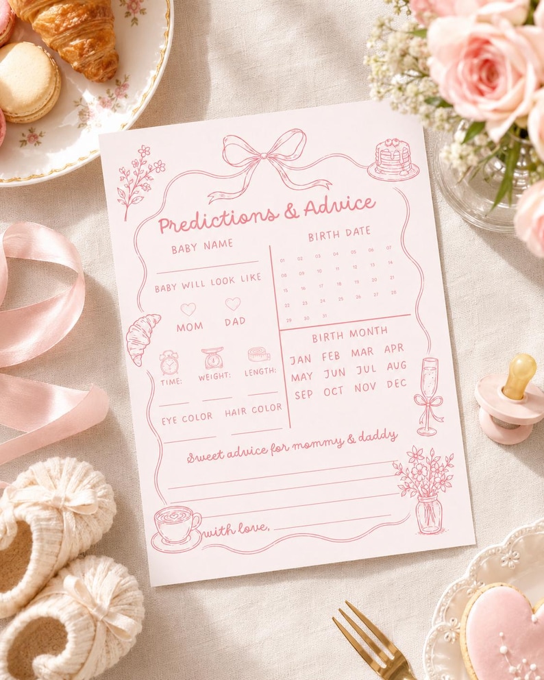Pink predictions and advice baby shower game card shown in a soft brunch flat lay with latte, croissant, blush flowers, baby booties, and pink ribbon.