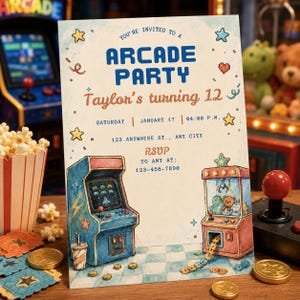 Retro arcade party invitation with game machines, claw machine, soft toy prizes, stars, and colorful kids birthday party design