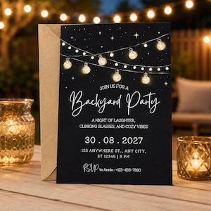 Backyard Party Invitation Template, Editable Outdoor Dinner Invite, String Lights Canva Template