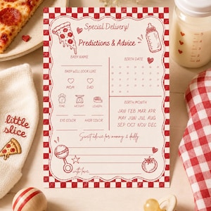 Pizza baby shower predictions and advice card mockup with red checkerboard border, baby bottle, pizza slice, pacifier, rattle, and gingham details.