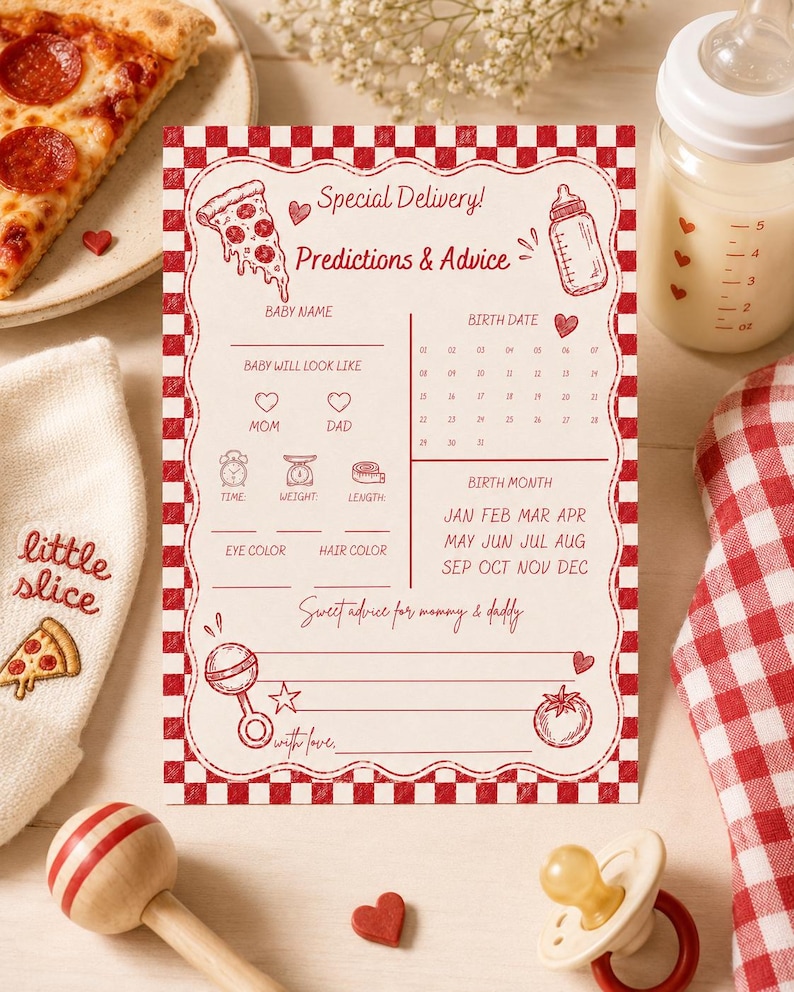 Pizza baby shower predictions and advice card mockup with red checkerboard border, baby bottle, pizza slice, pacifier, rattle, and gingham details.