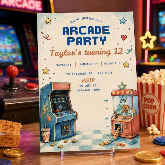 Arcade Birthday Invitation Template, Retro Game Party Invite, Video Game Party Canva Invite, Kids Digital Download