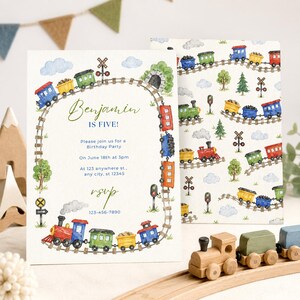 May include: A birthday party invitation card featuring a watercolor train track border with colorful train cars, trees, and clouds. The text reads Benjamin IS FIVE!, Please join us for a Birthday Party, On June 18th at 3pm, At 123 anywhere st., any city, st 12345, rsvp, 123-456-7890.