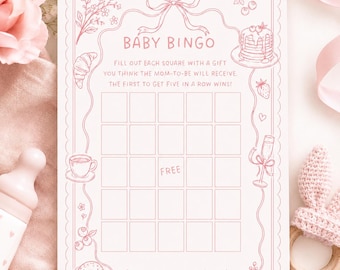 May include: A rectangular white paper baby bingo game card with pink line art illustrations. The card features a central 5x5 grid, a bow at the top, and drawings of food, drinks, and flowers. Text reads: BABY BINGO, FILL OUT EACH SQUARE WITH A GIFT YOU THINK THE MOM-TO-BE WILL RECEIVE. THE FIRST TO GET FIVE IN A ROW WINS!