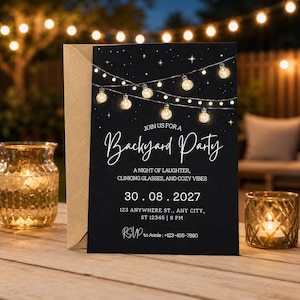 Backyard Party Invitation Template, Editable Outdoor Dinner Invite, String Lights Canva Template
