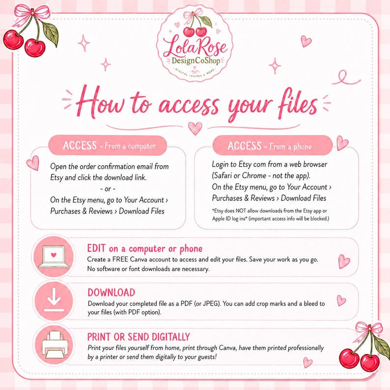 Digital download instruction sheet explaining how buyers access Etsy files, open the Canva template, edit, download, print, or send the invitation digitally.