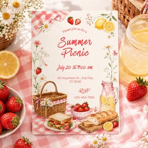 Invito di compleanno a tema picnic, modello modificabile per Canva, invito per festa estiva a quadretti