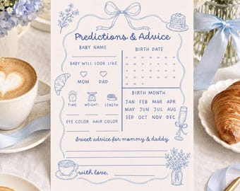 Baby Shower Prediction Card, Baby Brunch Game, Predictions and Advice Card, Blue Bow Baby Shower Activity, Editable Canva Template