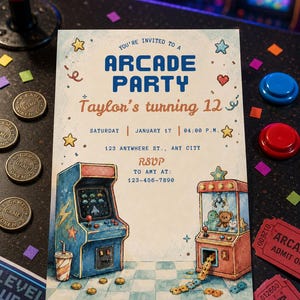 Kids arcade birthday invitation template with blue and red arcade games, claw machine, and editable 5x7 Canva party invite
