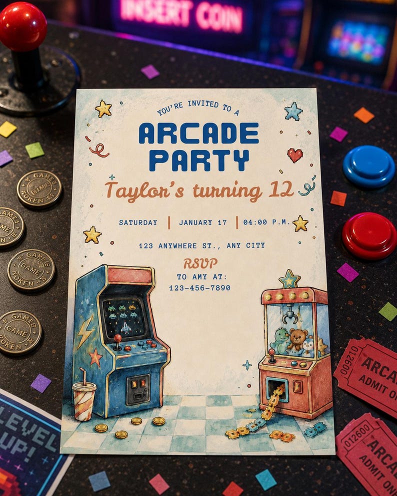 Kids arcade birthday invitation template with blue and red arcade games, claw machine, and editable 5x7 Canva party invite