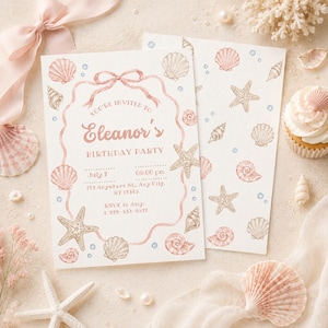Puede incluir: Una tarjeta de invitación de cumpleaños blanca con un borde de cinta de acuarela rosa, conchas marinas e ilustraciones de estrellas de mar. El texto dice: You're invited to Eleanor's Birthday Party, July 7, 06:00 pm, 123 Anywhere St., Any City, ST 12345, RSVP to Amy: 1-222-533-5577.