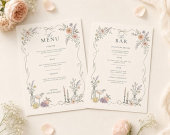 Paquete de menú floral para bodas y menú de bebidas, plantilla editable de Canva 5x7 para menú de cena y menú de bebidas, boda estilo boho en el jardín.