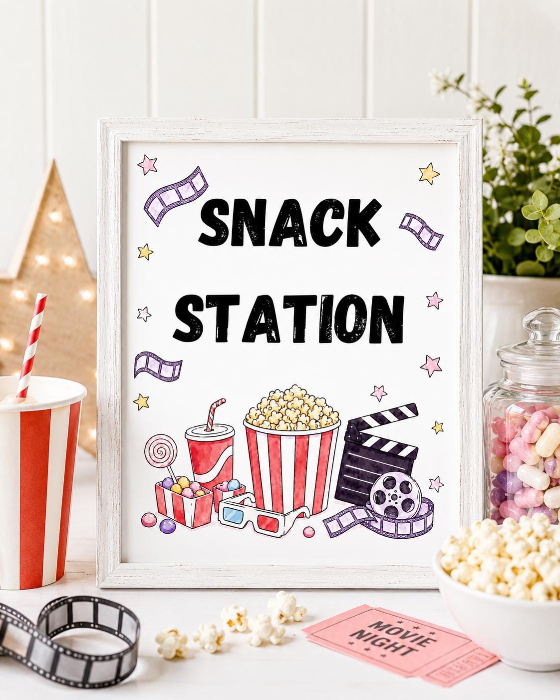 41 Easy Popcorn Crafts for Kids 35 Movie Night Snack Station Sign, Printable Popcorn Bar Sign, Editable…
