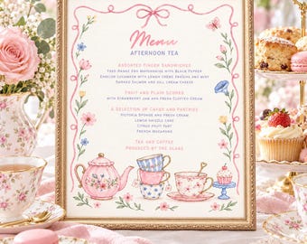 Afternoon Tea Menu Template, Editable Canva Tea Party Menu, 8x10 Printable High Tea Menu, Pink Floral Bridal Shower Menu, Digital Download