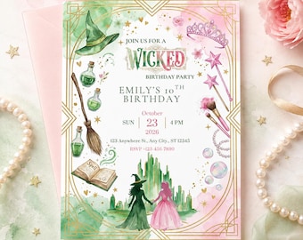 Birthday Invitation, Party Invite, Pink Green Birthday, Editable Canva Template