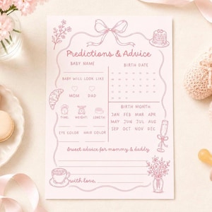 Pink baby shower predictions game card in a soft baby brunch theme with floral details, perfect for a girl baby shower printable game.