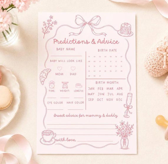 Pink Baby Shower Predictions Game, Brunch Printable Advice Card, Girl Activity, Editable Canva Template, Instant Download