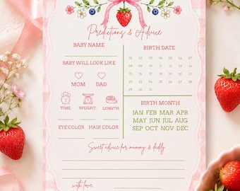 Strawberry Baby Shower Game, Predictions & Advice Card, Berry Sweet Girl Shower, Editable Canva Template