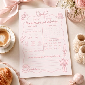 Pink baby shower predictions game printable with brunch theme, baby booties, flowers, ribbon, and feminine blush party decor.