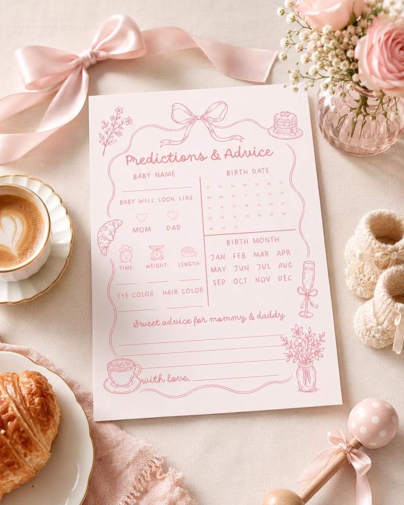 Pink baby shower predictions game printable with brunch theme, baby booties, flowers, ribbon, and feminine blush party decor.