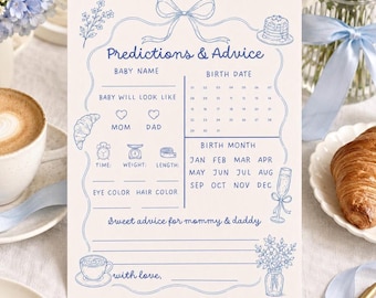 Karta z przewidywaniami na baby shower, gra „Burch dla niemowląt”, karta z przewidywaniami i poradami, aktywność na baby shower z niebieską kokardką, edytowalny szablon Canva