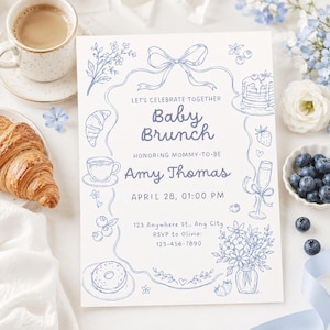 Convite para Chá de Bebê com Tema Brunch, Modelo Editável no Canva, Convite para Chá de Bebê em Tons de Azul e Azul, Convite para Chá de Bebê com Tema Brunch, Download Digital