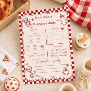 Special delivery pizza baby shower game card mockup featuring a 5x7 printable predictions card with baby shower props and pizza party decor.