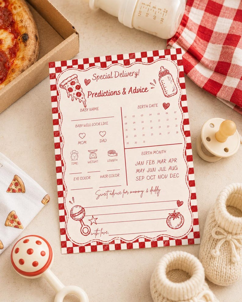 Special delivery pizza baby shower game card mockup featuring a 5x7 printable predictions card with baby shower props and pizza party decor.