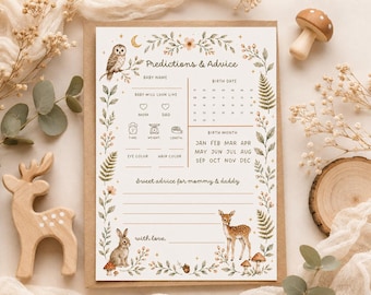 Woodland Baby Shower Predictions Card, Advice for Parents Game, Printable Neutral Forest Animal Baby Shower Activity, Digital Download