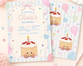 Birthday Invitation Template, Pastel Girls Birthday Invite, Cute Cake Party Canva Editable Invite, Digital Download