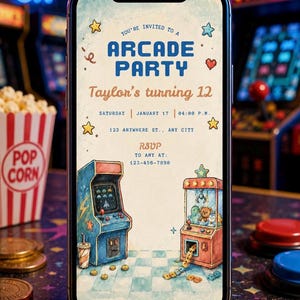 Arcade birthday invitation shown on smartphone with popcorn and arcade tokens, editable Canva digital invite for a retro game party