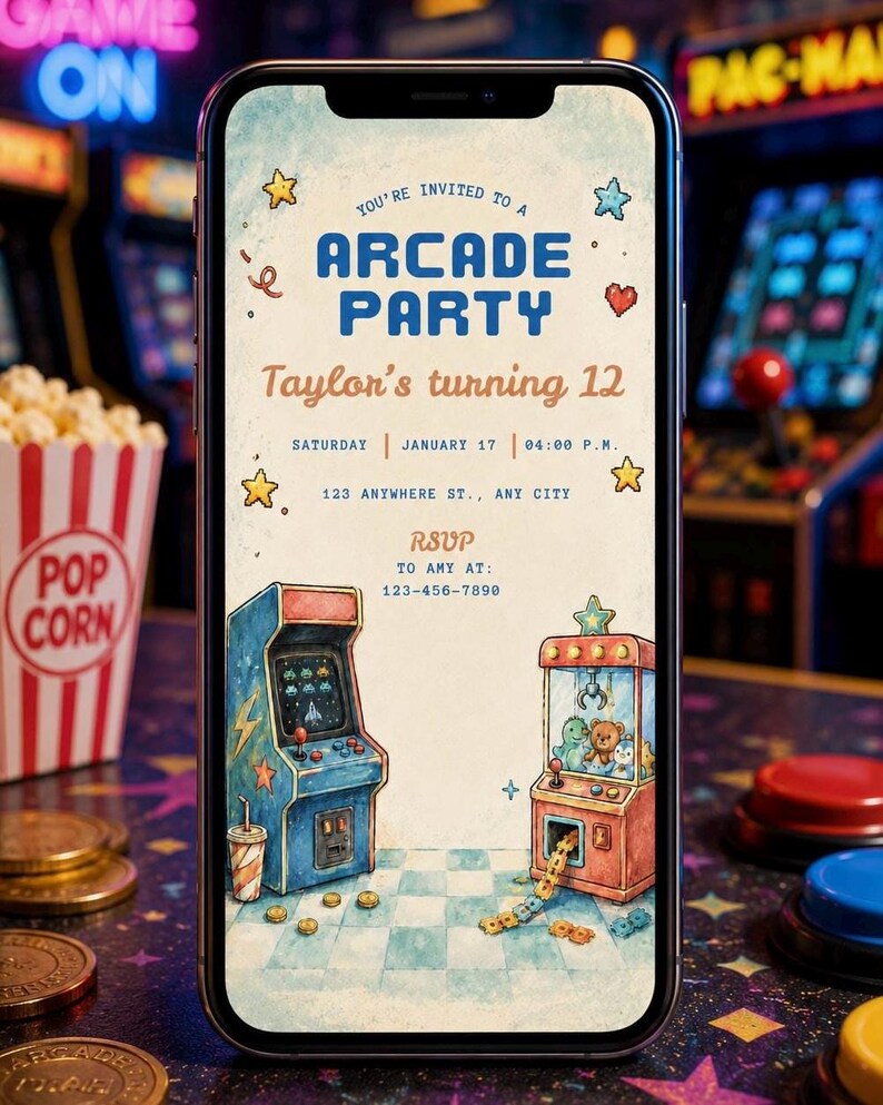 Arcade birthday invitation shown on smartphone with popcorn and arcade tokens, editable Canva digital invite for a retro game party
