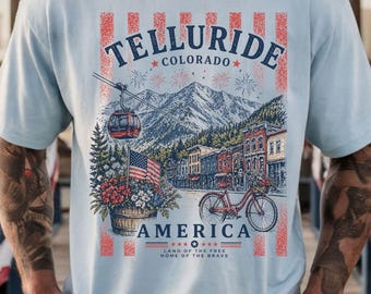 Telluride Colorado Mountain T-Shirt | Bicycle, Ski Gondola | CO USA Shirt | 4th of July | Red, White, Blue America Shirt | Independence Day