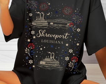Shreveport Louisiana Paddlewheel Boat T-shirt | Riverboat Fireworks Shirt | American Flag July 4th | Girly America Tee | Freedom, USA Tee