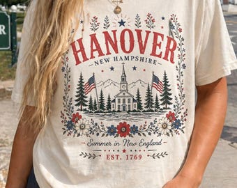 Hanover New Hampshire 4th July floral design T-shirt | Hanover NH July Fourth Tee | Girly Red, White, Blue America Shirt | Independence Day