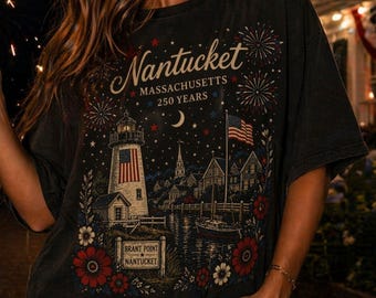 Nantucket MA Lighthouse 4th of July T-shirt | Massachusetts Nautical Harbor Shirt | USA, Red, White, Blue America Tee | Independence Day