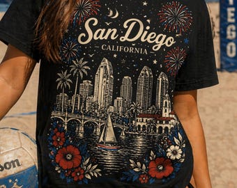 San Diego CA fireworks T-Shirt | California 4th July | USA, Girly America Tee | Freedom, American Pride | Patriotic Beach Shirt | Fourth