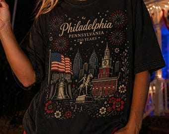 Philadelphia PA Fireworks T-Shirt | Liberty Bell, Independence Hall | USA, 4th of July | Red, White, Blue America Shirt | Pennsylvania 250