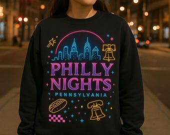 Philly Nights Neon Crewneck Sweatshirt | Y2K 90s PA Hoodie | Philadelphia Pennsylvania Sweater | PA Nightlife Top | Liberty Bell