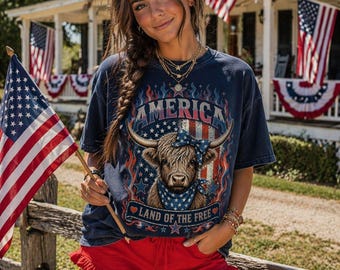 American Highland Cow Tee | Patriotic USA Flag | United States Shirt | USA, 4th of July | Red, White, Blue America | Independence Day