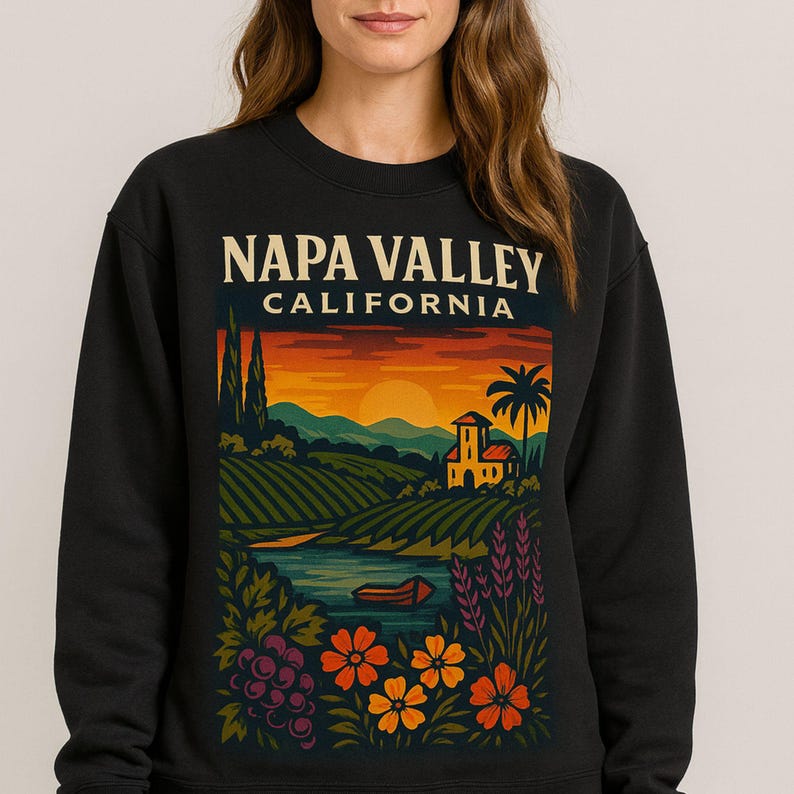 Napa Valley California Sunset Vineyard Sweatshirt | Wine Country Crewneck | CA State Hoodie | Wine Gift | Vintage Retro Winery Present
