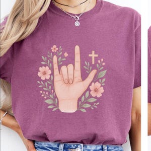 ASL I Love You Floral T-Shirt | Cute Coquette Graphic Tee, Sign Language Shirt, Gift for Her, Deaf Awareness Top, Unisex Garment-Dyed Tee